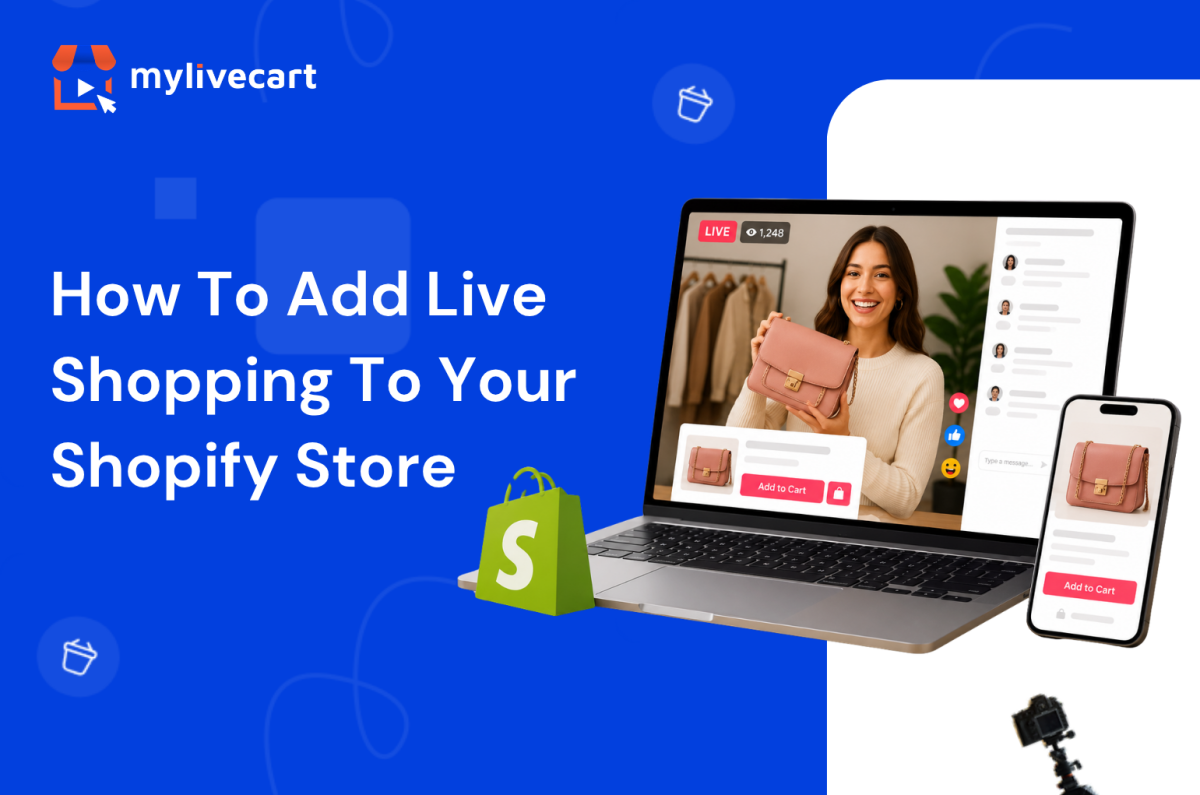 Live shopping setup guide banner showing Shopify integration with MyLiveCart live commerce platform and real-time product selling interface