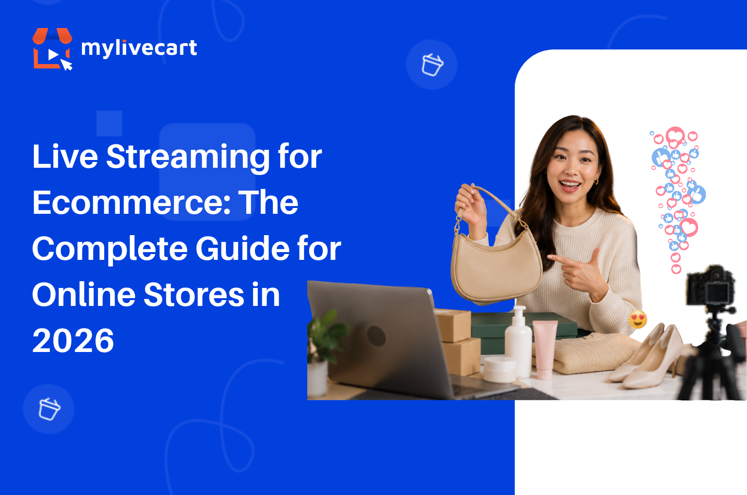 Woman hosting a live shopping stream for ecommerce products with camera setup and online engagement icons