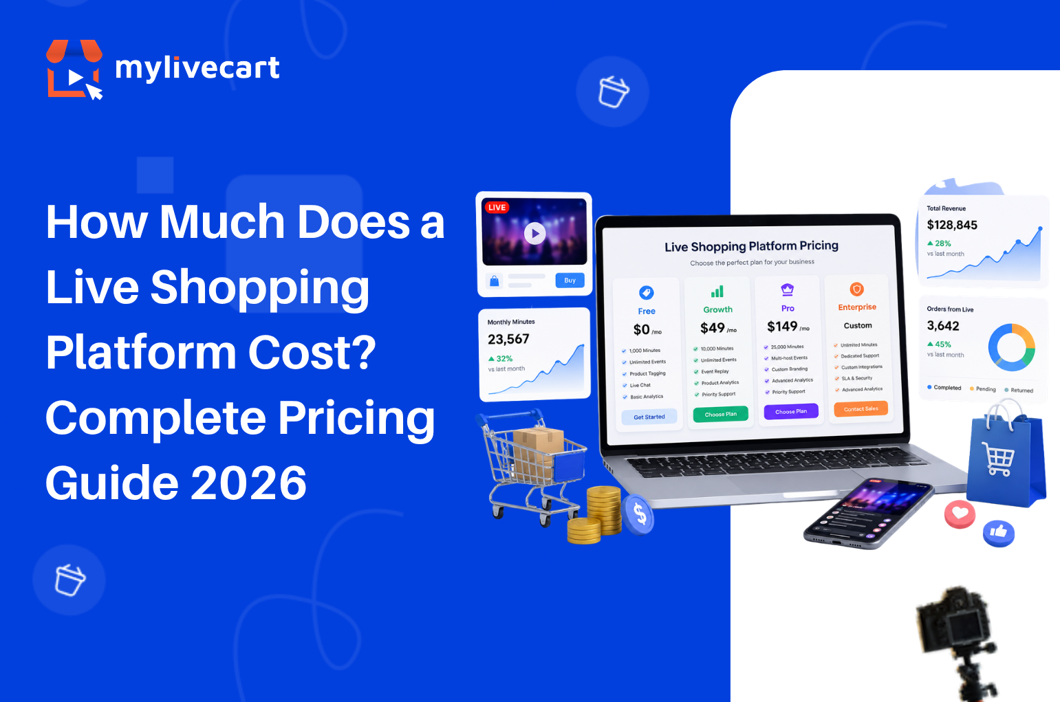 Live shopping platform pricing dashboard showing ecommerce analytics, pricing plans, revenue growth, and live commerce metrics