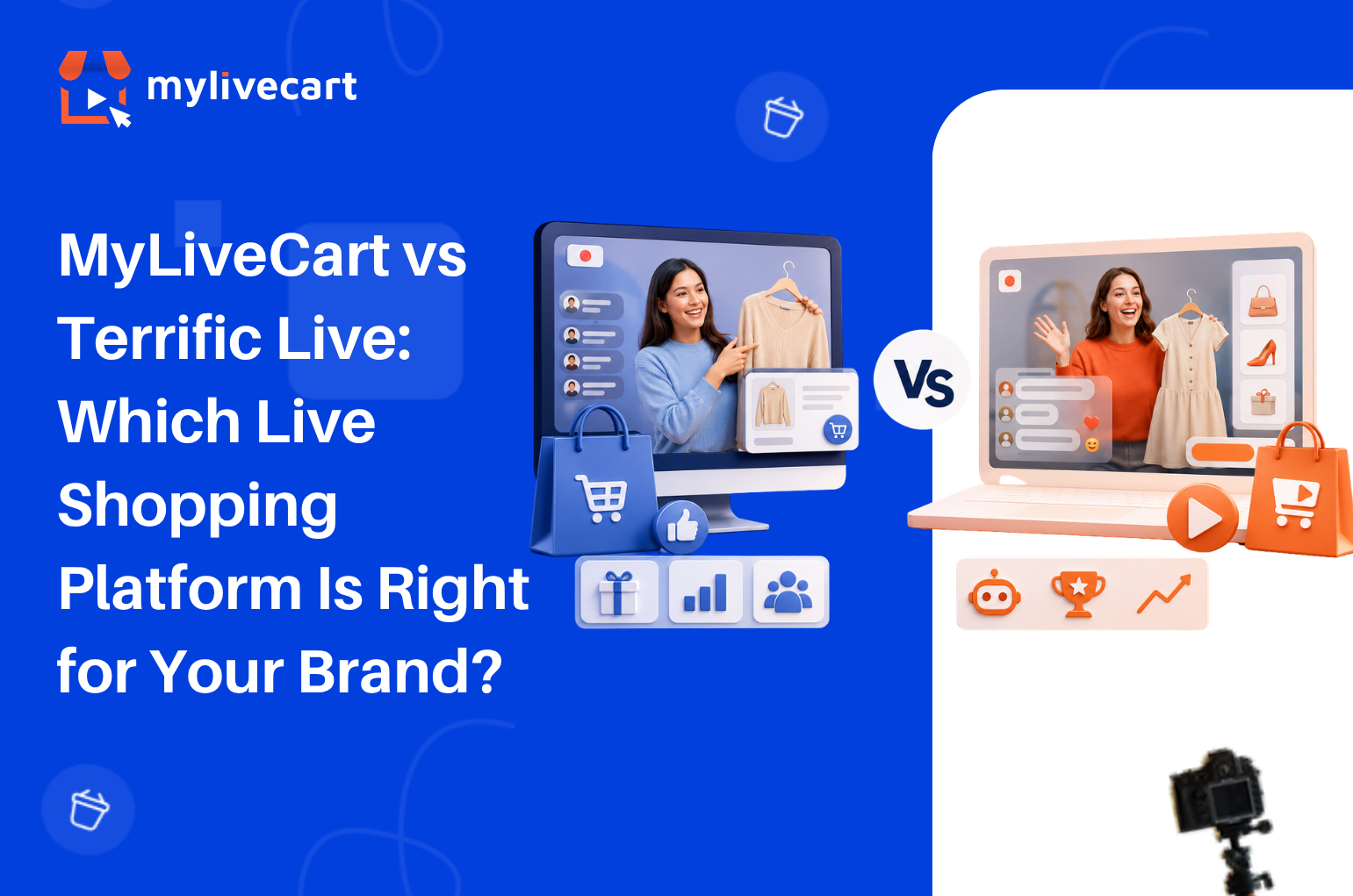 Live shopping platform comparison illustration showing two eCommerce livestream shopping solutions with product showcases, analytics, and interactive shopping features.