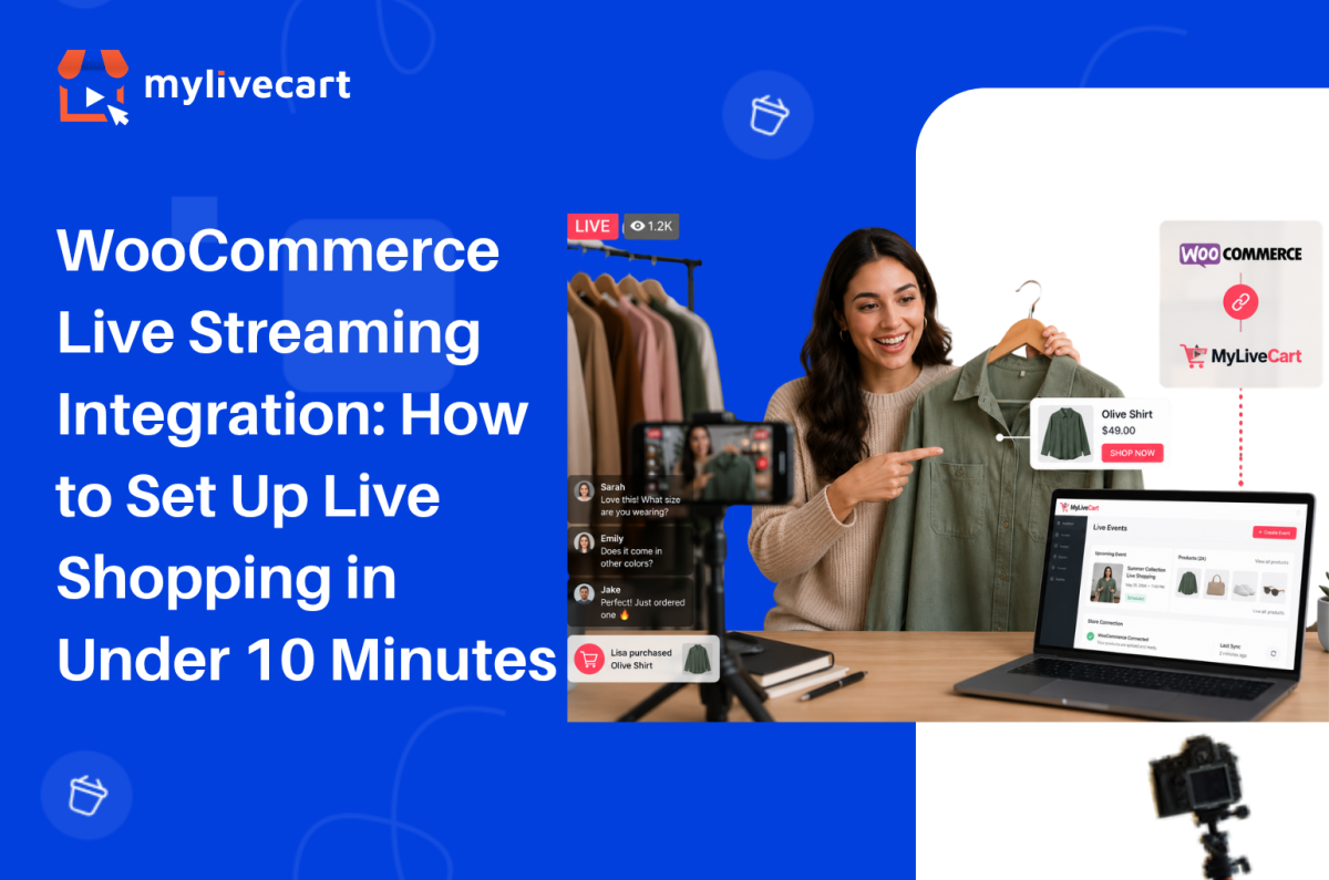 WooCommerce live shopping integration with MyLiveCart showing a live product demonstration, product tagging, customer chat, and in-stream checkout experience